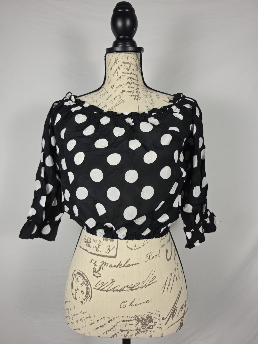 RIXO London Black & White Polka Dot Silk Blend Off-Shoulder Crop Top - XS